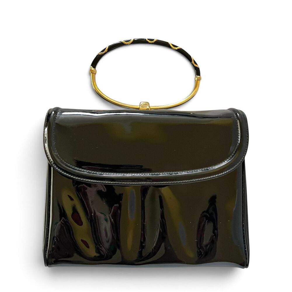 Vintage Morris Moskowitz MM Black Patent Leather Ring Handle Evening Bag Handbag